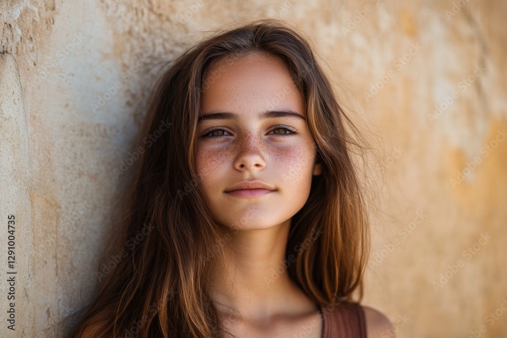 A young girl with distinctive freckles leans against a wall, looking relaxed A young girl with distinctive freckles leans against a wall, looking relaxed