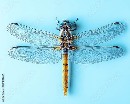 Blue-orange dragonfly, top view, light blue background, still life