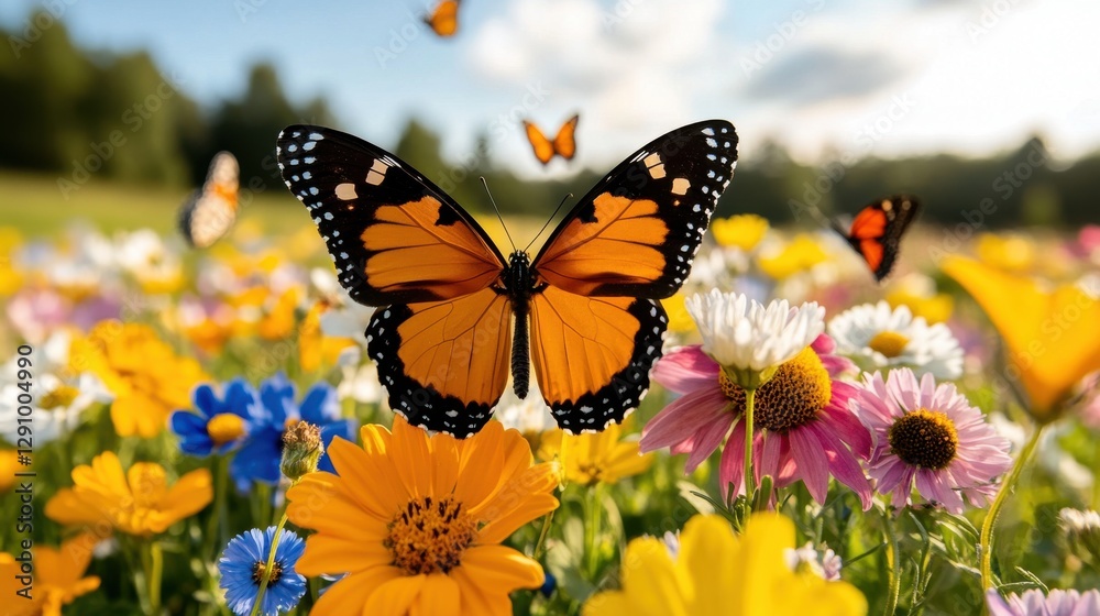 Fototapeta premium Wild butterflies fluttering over vibrant wildflowers in a sunny meadow during the golden hour