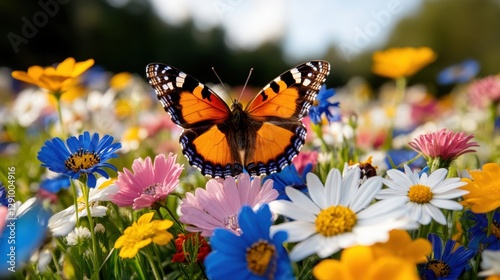 Butterfly resting on colorful wildflowers in a serene meadow during a sunny day