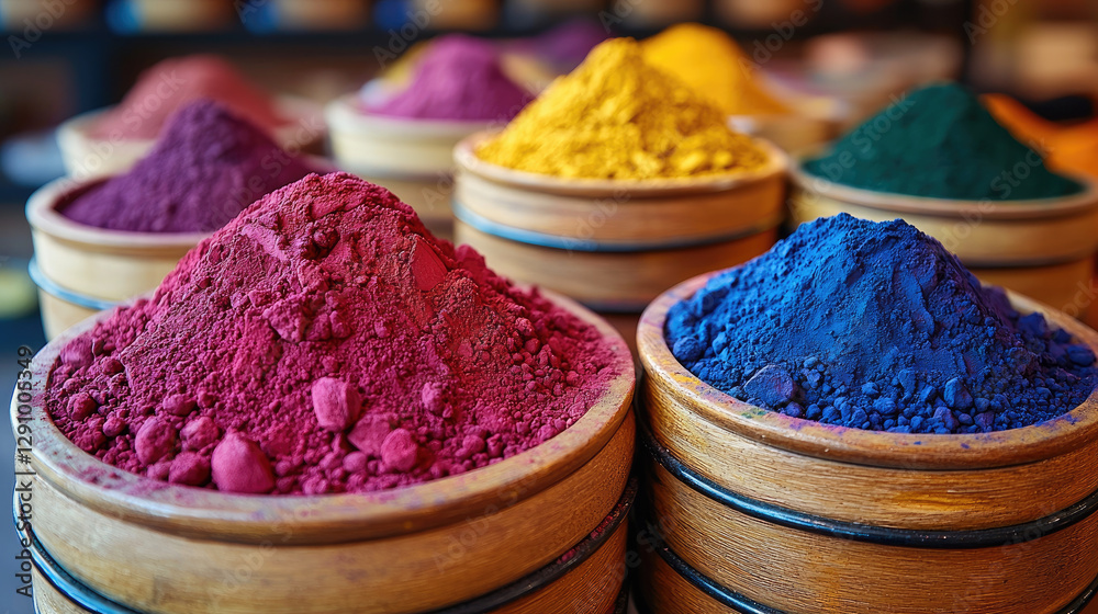 Colorful powdered pigments in wooden bowls create vibrant display Colorful powdered pigments in wooden bowls create vibrant display