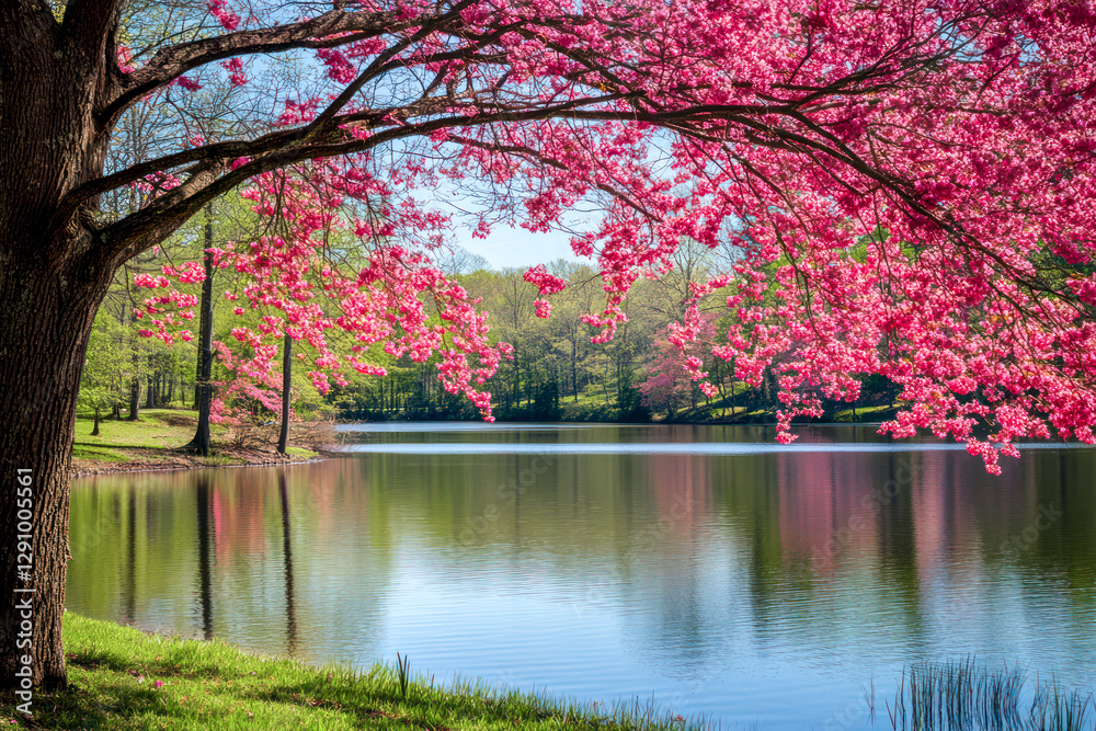 Serene Spring Lake with Blooming Cherry Blossoms Serene Spring Lake with Blooming Cherry Blossoms