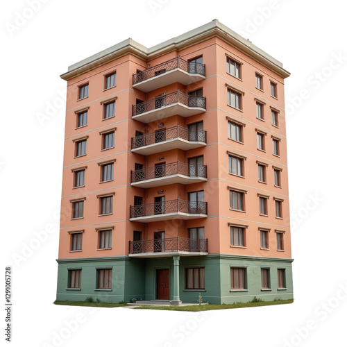 Apartment building with balconies and transparent background