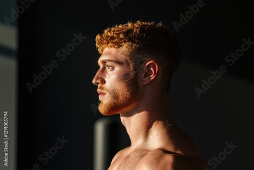 Profile of young man with striking curly hair illuminated by sof