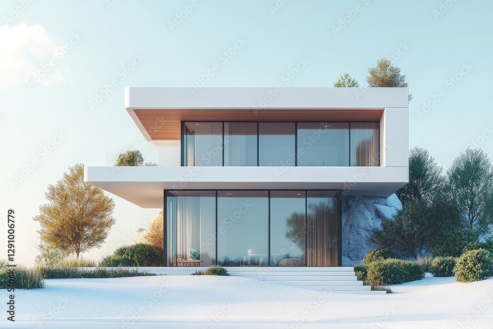 A modern white house sitting amidst the natural landscape beautifully A modern white house sitting amidst the natural landscape beautifully