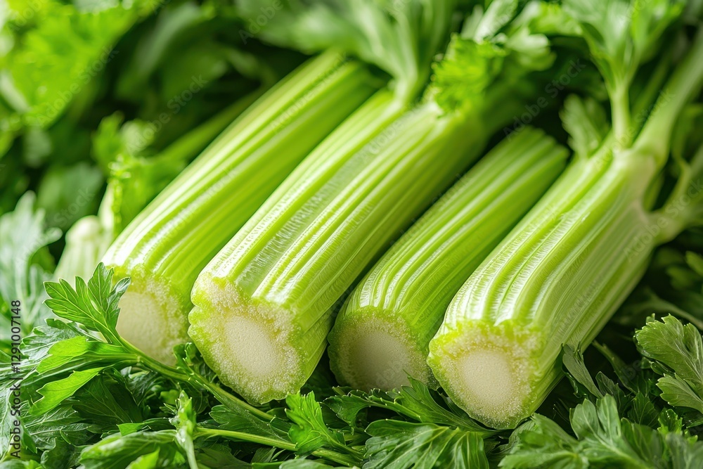Fresh Green Celery Stalks on Parsley Leaves Fresh Green Celery Stalks on Parsley Leaves