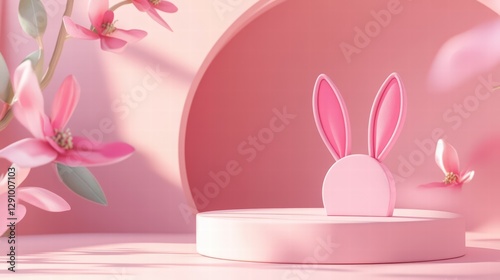 happy easter banner with rabbit and eggs, pastel green background. cute bunny, grass and colorful eggs on pastel background. background with podium for product presentation on Easter day