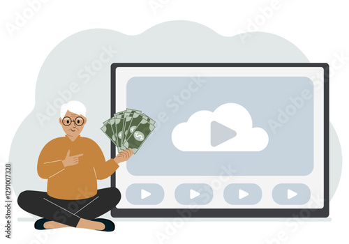 A man holds paper banknotes in his hand, next to a computer with a video. Freelancer, earning money, working on the Internet, training, coaching, business, remote work. Vector flat illustration