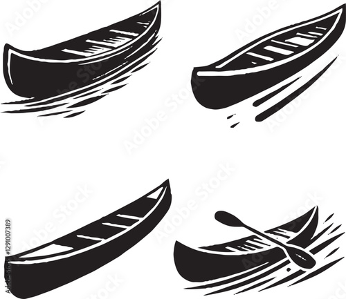 "Intricate Canoe Illustrations - Black and White Paddle Designs"