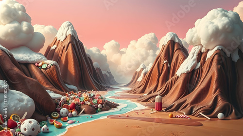 A whimsical landscape with candy mountains, fluffy clouds, a winding river of turquoise water, and a pile of colorful sweets in the foreground.