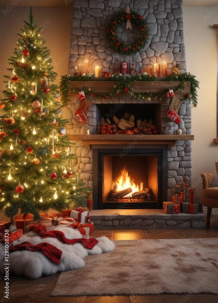Cozy winter scene around a decorated fireplace tree, decoration, fire Cozy winter scene around a decorated fireplace tree, decoration, fire