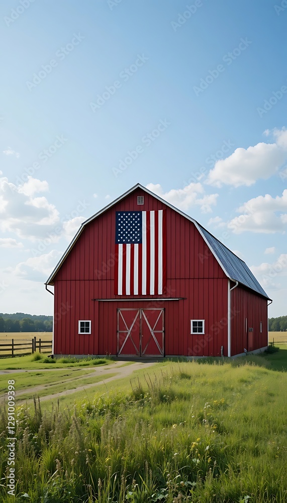 Red Barn with American Flag in Rural Landscape on Summer Day Red Barn with American Flag in Rural Landscape on Summer Day