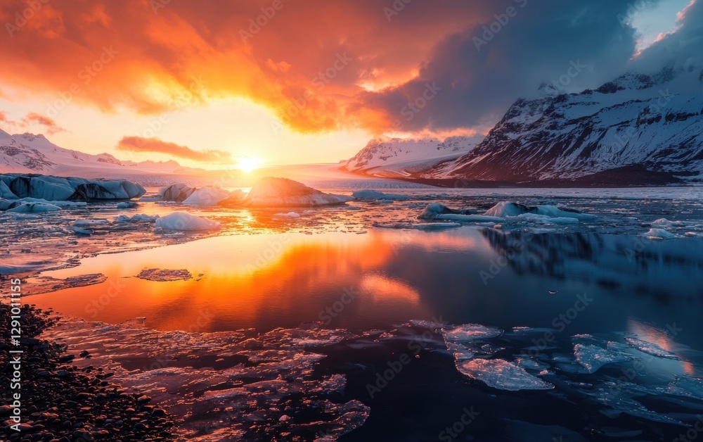 Fototapeta premium Icy glacier reflecting the warm glow of the rising sun