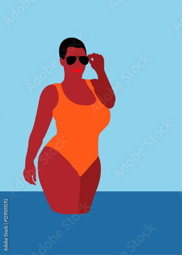 Chica de piel negra con curvas en bikini. Modelo de talla grande de pie en traje de baño y gafas de sol 