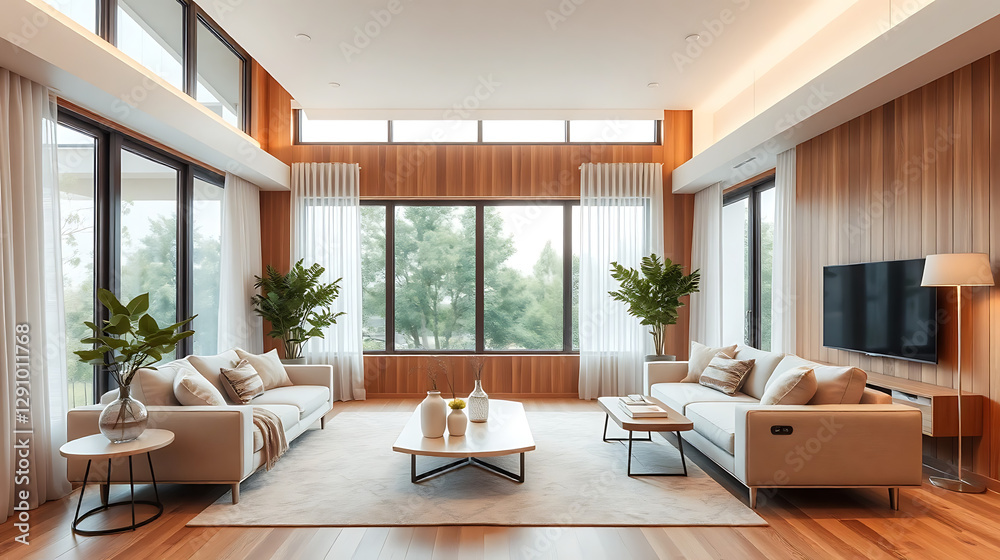Fototapeta premium The modern living room is equipped with wooden paneling and large windows, using neutral tones, comfortable and elegant interior design pictures, and living room decoration2