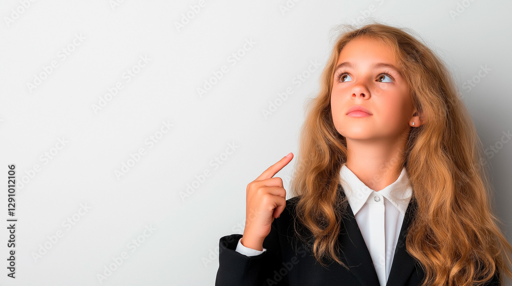 A confident child in formal business attire points towards an idea. Her excited expression and professional outfit highlight ambition and intelligence. A confident child in formal business attire points towards an idea. Her excited expression and professional outfit highlight ambition and intelligence.