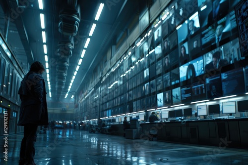 Futuristic intelligence surveillance center with massive digital screens displaying profiles, security data, classified information. Dark cyber control room with agents monitoring global networks.