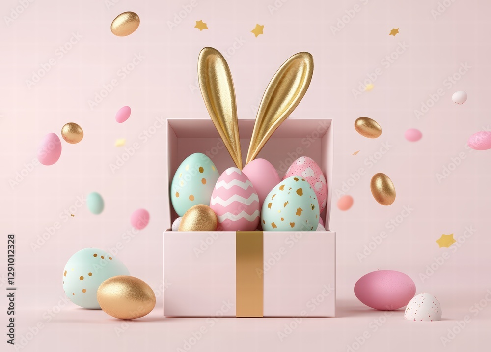 open gift box with Easter eggs, bunny ears, and gold foil hanging on a white background. 3D realistic Easter Day scene with colorful eggs open gift box with Easter eggs, bunny ears, and gold foil hanging on a white background. 3D realistic Easter Day scene with colorful eggs