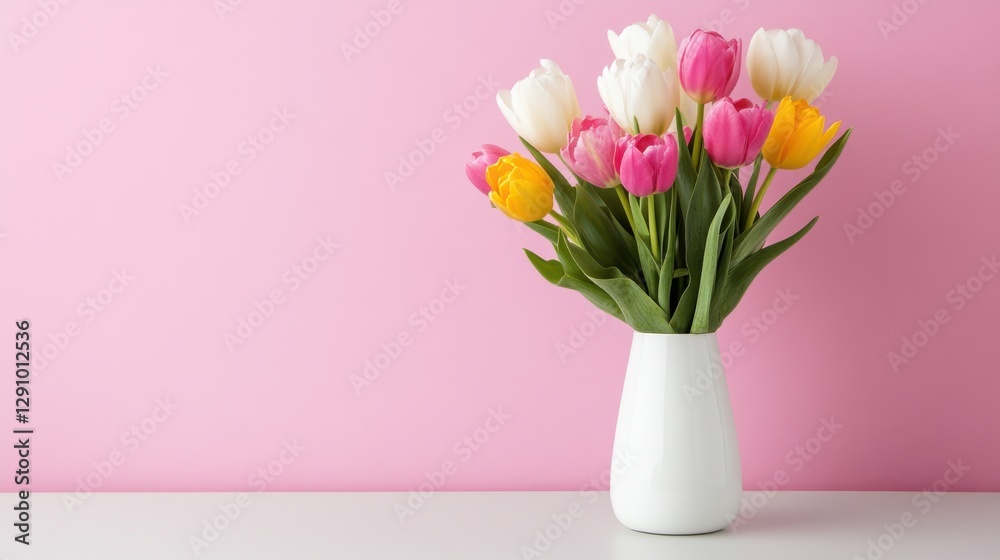 Fresh-cut tulips in a minimalist vase against a soft pink background enhancing springtime vibes for home decor