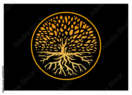 Geometric shapes: a full golden tree in the circle on a black background 