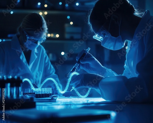 Two scientists in lab coats and masks work under blue lighting, focused on experiments with scientific equipment and glowing elements.