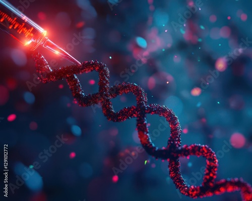 A vibrant close-up of a DNA strand illuminated by a glowing syringe, symbolizing genetic research and biotechnology.