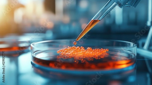 A pipette releases a vibrant orange liquid into a petri dish, highlighting a scientific experiment in a lab environment.