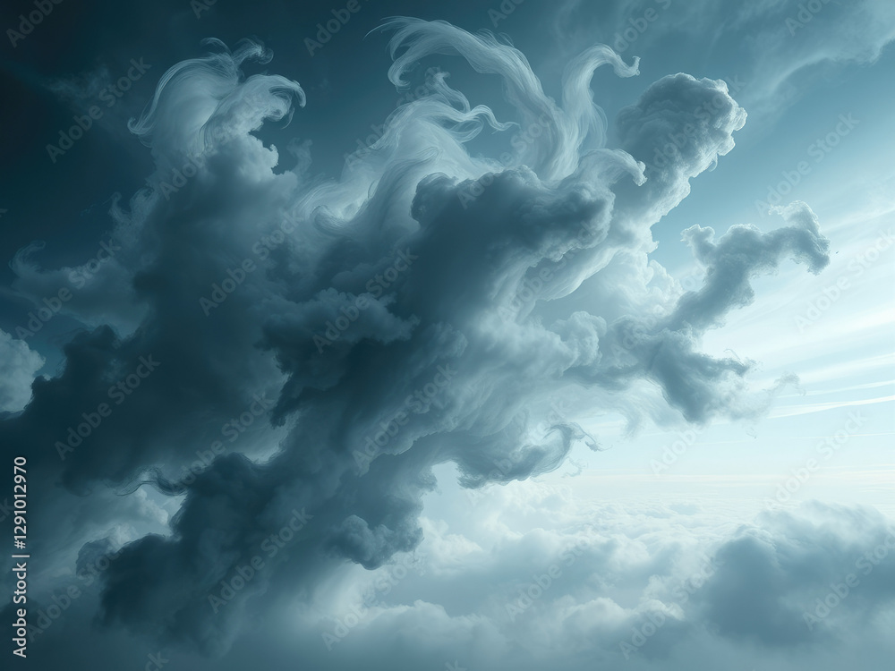 Fototapeta premium Dark grey and blue hues blend together to create an abstract cloud formation with wispy tendrils and a sense of movement in the air, sky, abstract art, moody atmosphere, clouds