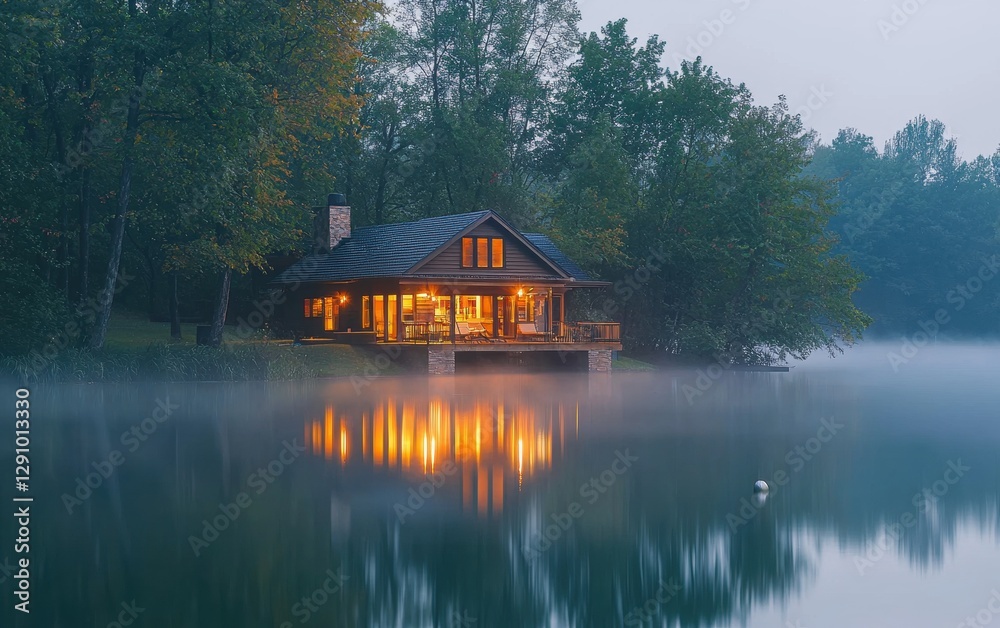 Picturesque lake house reflecting on calm water at sunrise Picturesque lake house reflecting on calm water at sunrise