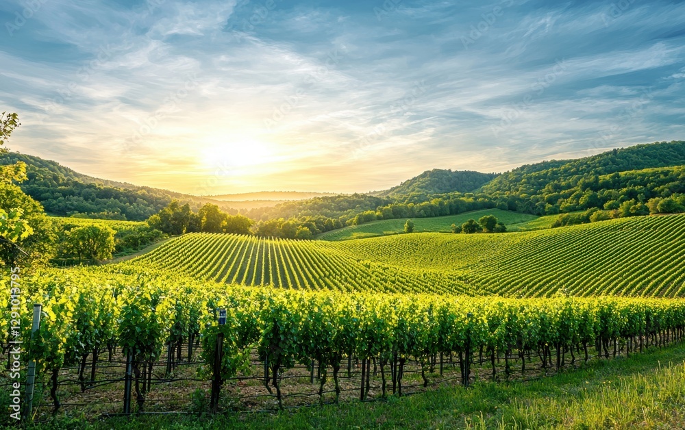 Fototapeta premium Rolling green vineyards under a bright summer sky
