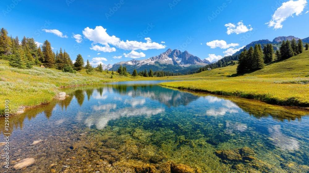 Obraz premium Majestic mountain landscape with a crystal-clear lake and lush greenery under a bright blue sky