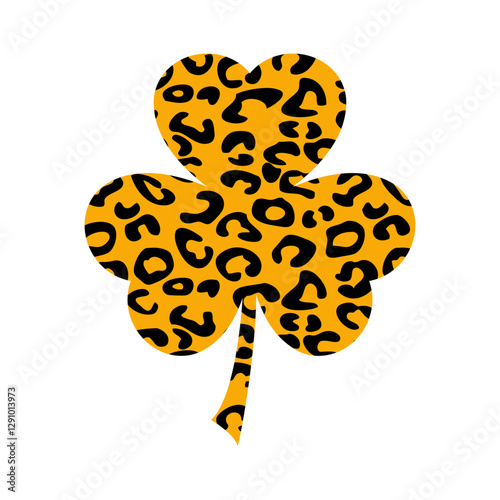 Día de San Patricio. Logo con silueta de trébol de tres hojas con relleno de piel de leopardo para tarjetas y felicitaciones