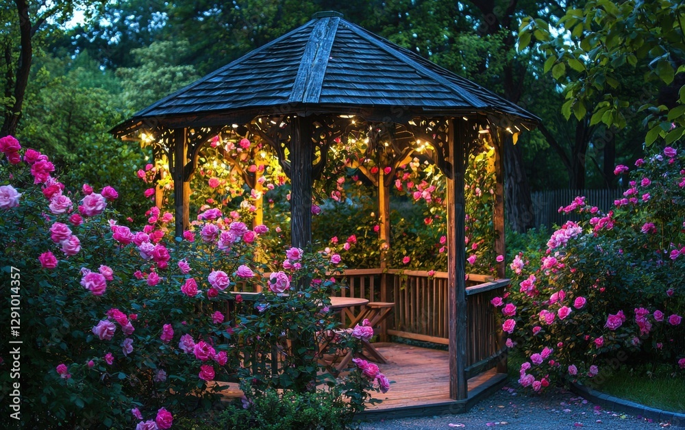 Romantic gazebo covered in blooming roses during springtime Romantic gazebo covered in blooming roses during springtime