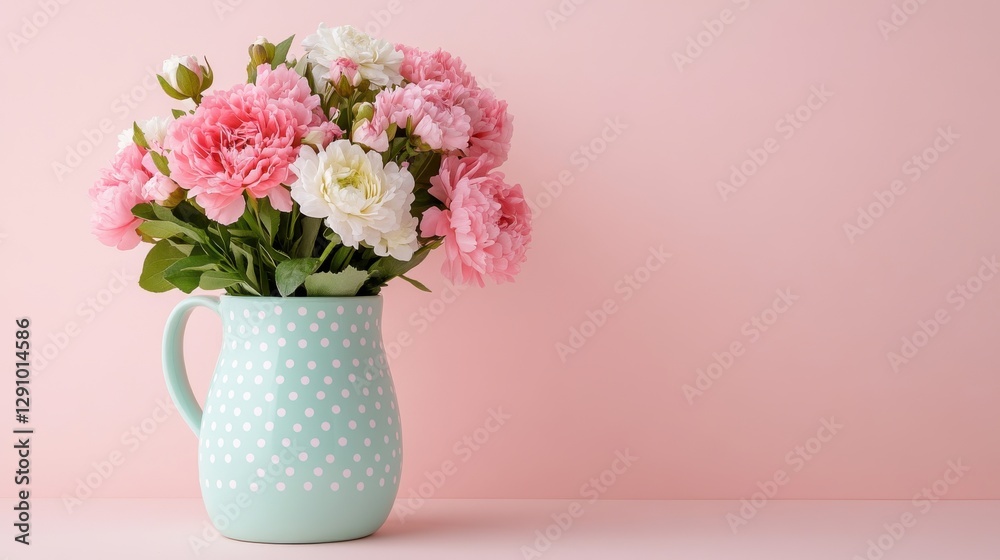 Naklejka premium Delicate spring flowers arranged in a pastel polka dot pitcher against a soft pink background