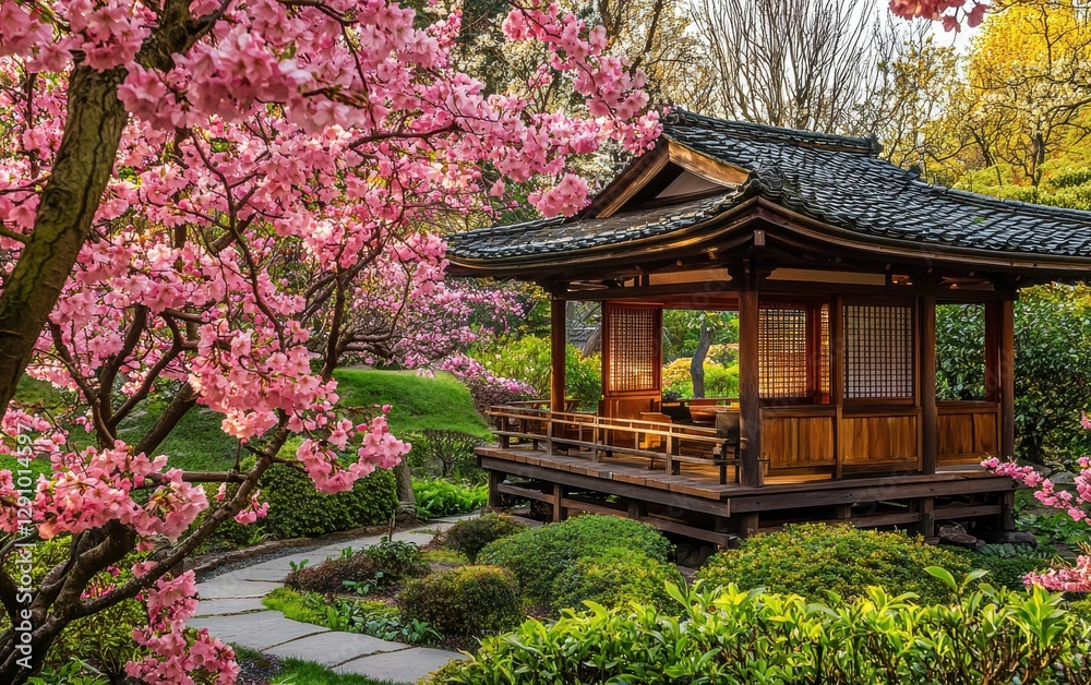 Serene Japanese tea garden in full bloom during spring Serene Japanese tea garden in full bloom during spring