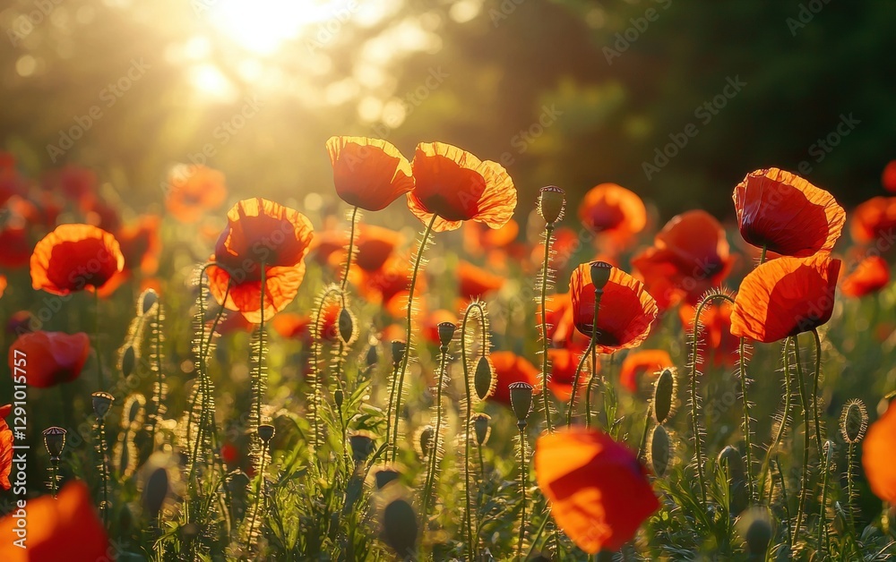 Obraz premium Sunlit field of red poppies swaying in the breeze