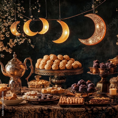 Golden moonlit dessert display table photo