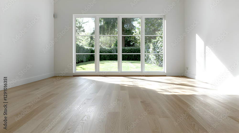 Fototapeta premium Sunny room, hardwood floor, garden view, real estate