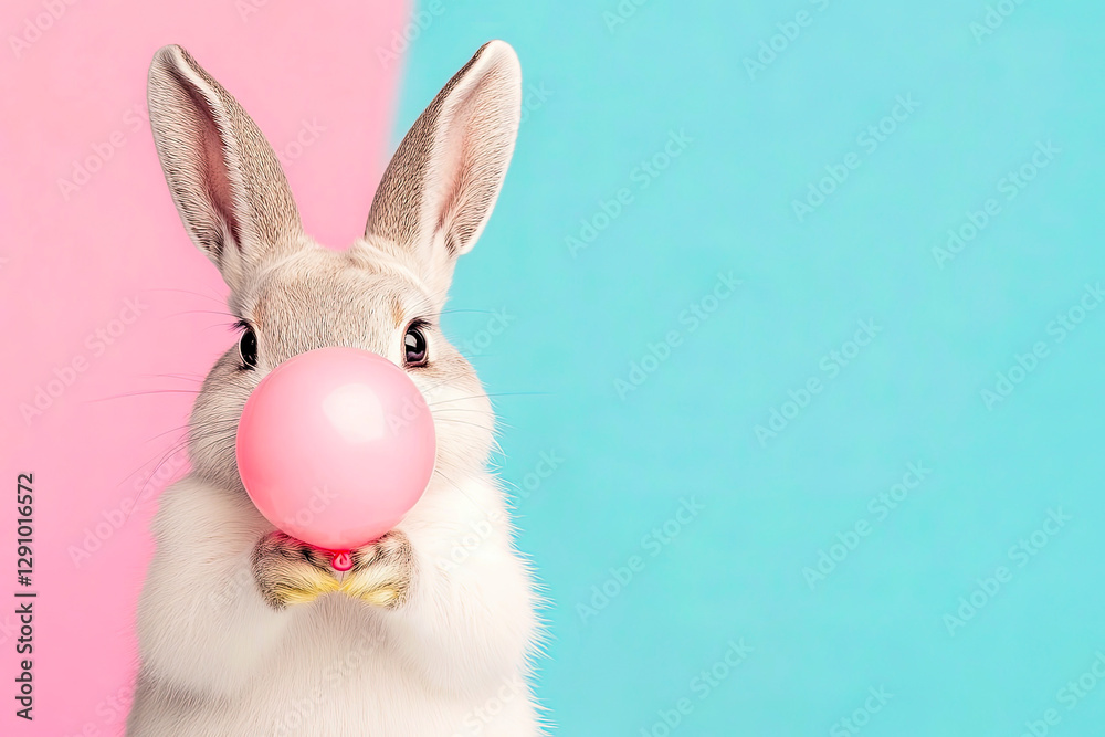Obraz premium Cute Bunny Holding Pink Balloon
