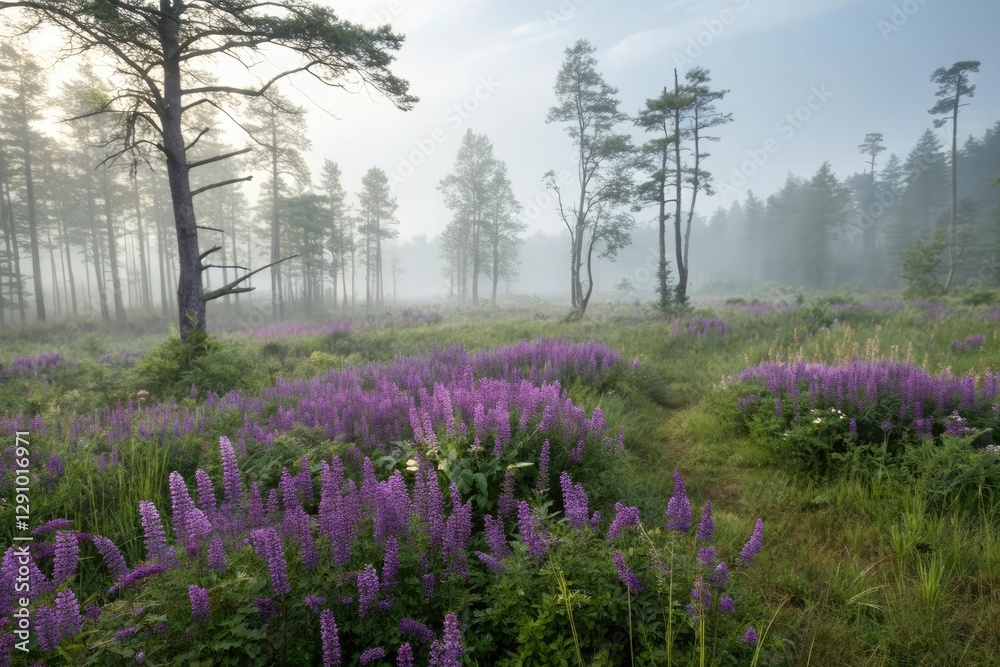 Fototapeta premium Dense purple flowers in the misty swamp forest, botanical garden, nature scenery, overgrown vegetation, forest flowers