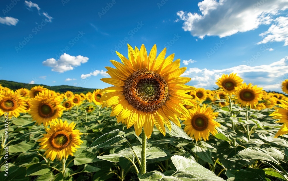 Obraz premium Vibrant sunflower fields under a deep blue sky