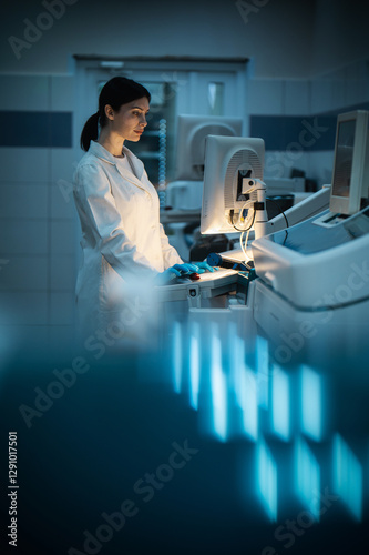 woman working in modern medical laboratory at night on computer, cinematic light