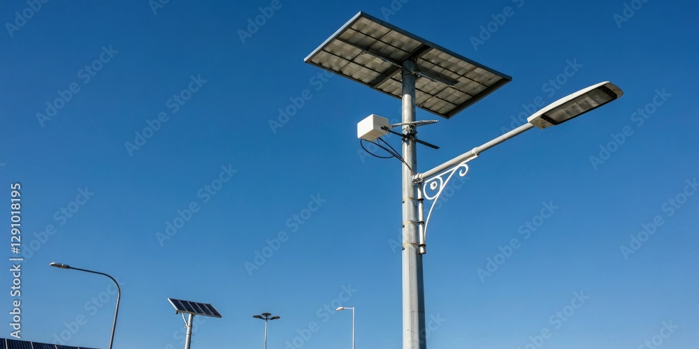 Detailed perspective view of a solar-powered street lamp pole set against a deep blue sky, urban landscape, solar panel, light pole Detailed perspective view of a solar-powered street lamp pole set against a deep blue sky, urban landscape, solar panel, light pole