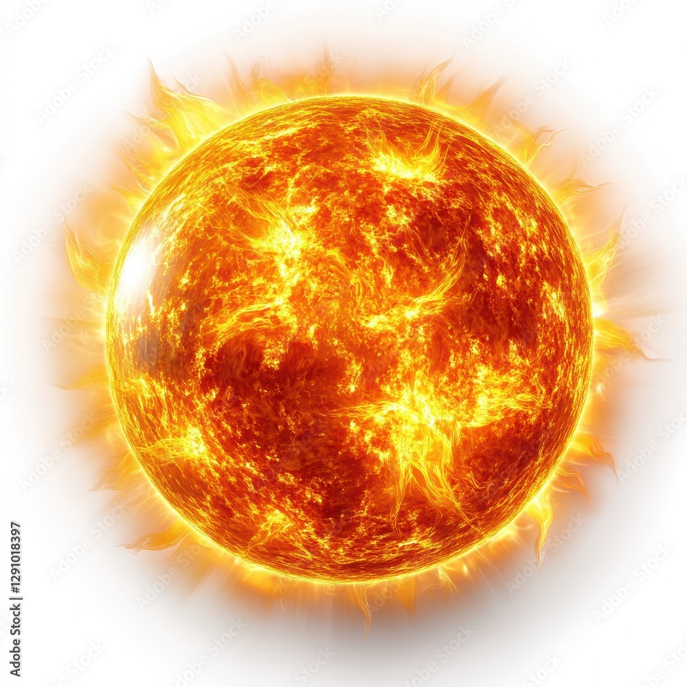 Fototapeta premium Bright and Fiery Sun with Radiant Solar Flares on White Background