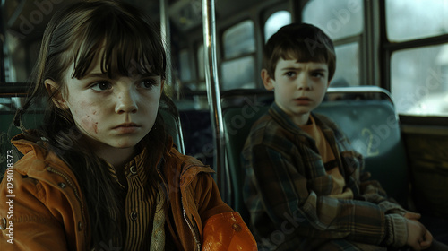 Curious children on a bus ride with thoughtful expressions