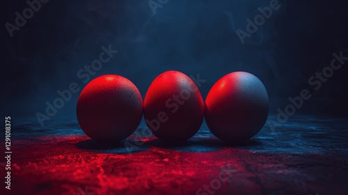 Three eggs lit by dramatic red and blue lighting against a dark smoky background, creating a bold, mysterious, and visually captivating artistic composition with strong contrasts. photo