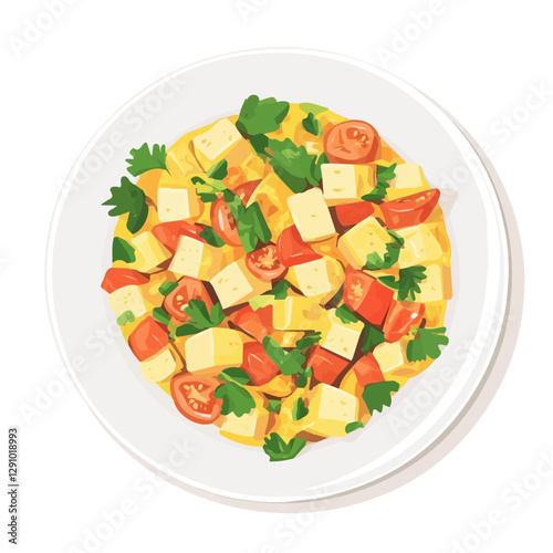 Minimalist flat illustration of Tofu Scramble, featuring a clean design isolated on a white background.

