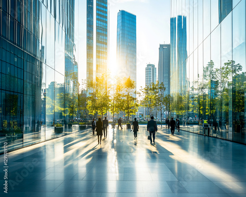 Business people walking in a modern city with glass buildings reflecting the sunlight, showcasing a vibrant, bustling urban environment and the concept of professionalism. photo