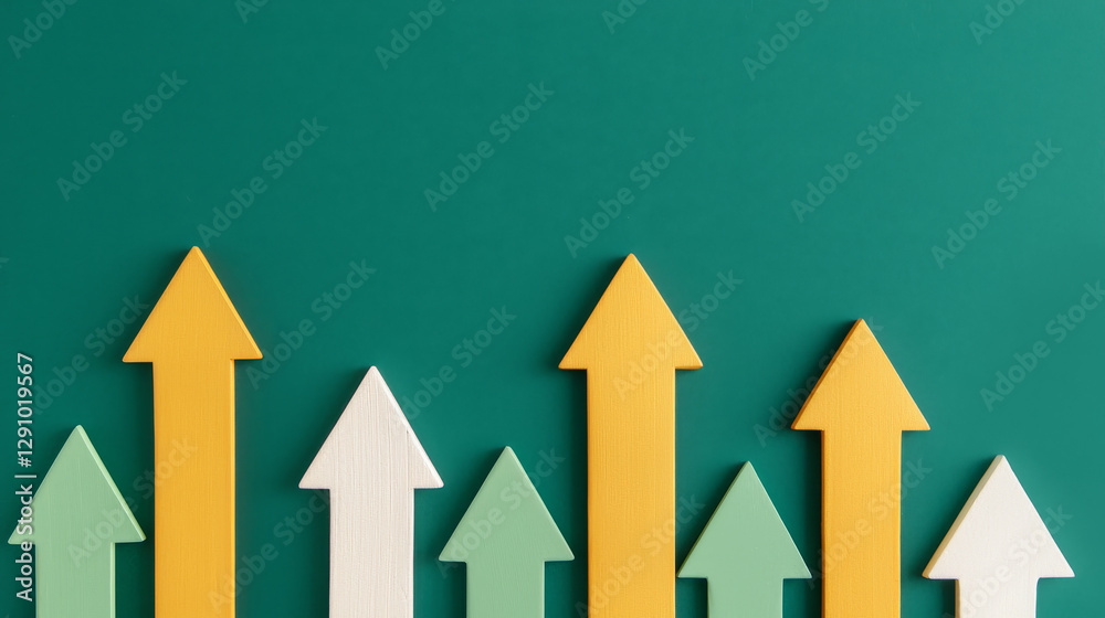 Increasing arrows in various colors on green background symbolize growth and progress Increasing arrows in various colors on green background symbolize growth and progress