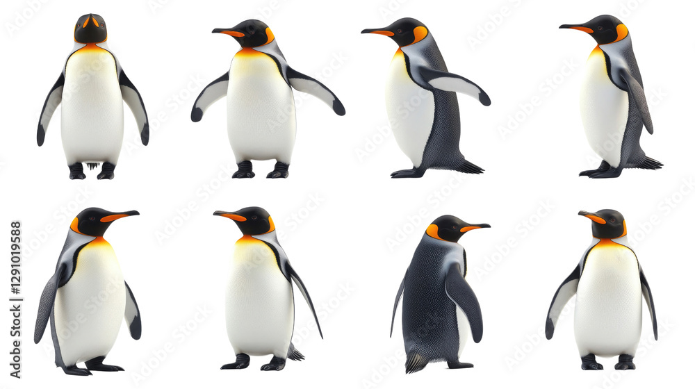 Obraz premium Penguins in various poses showcasing their unique features and playful nature in a natural setting during daylight hours, cut out